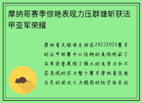 摩纳哥赛季惊艳表现力压群雄斩获法甲亚军荣耀